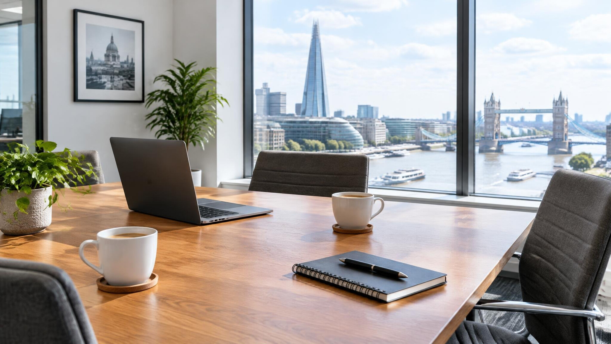 Bright meeting room with a laptop, notebook and coffee